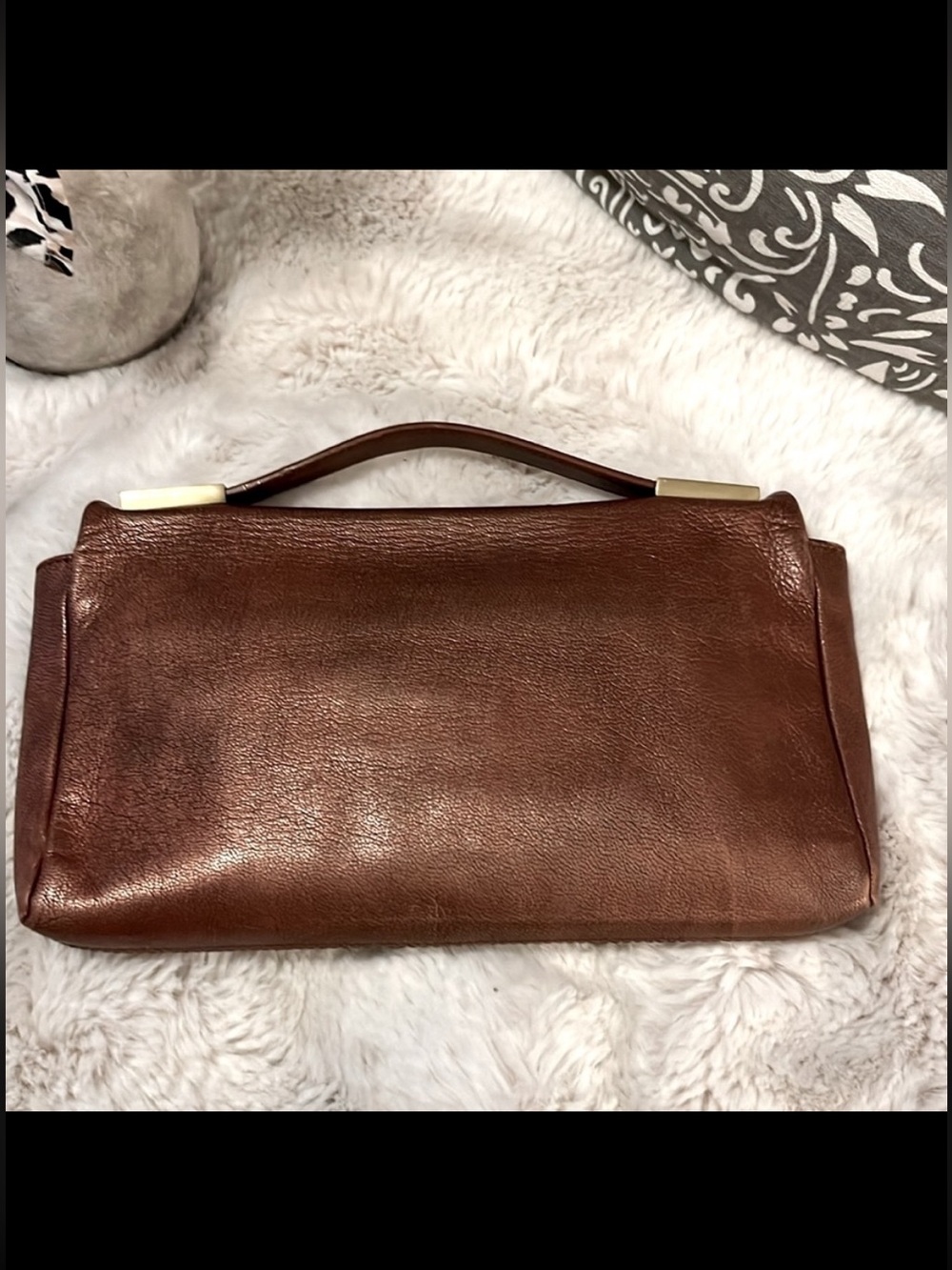 Worth New York Made In Italy Copper Brown Metallic Leather Clutch Bag Purse